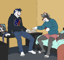 4_toes 5_fingers animal_genitalia animal_penis anthro balls bed black_body black_fur blue_body blue_eyes blue_fur blush blush_lines bodily_fluids body_hair book bottomwear canine_genitalia canine_penis chest_hair claws clothing computer cum cum_drip cum_in_ass cum_inside cumshot denim denim_bottomwear denim_clothing dripping ejaculation electronics facial_markings feet fingers forehead_markings fur furniture genital_fluids genitals green_eyes grey_body grey_fur grey_hair group group_sex hair head_markings horn hunter inflation internal jacket jeans knot knotted_penis knotting male male/male male_penetrated male_penetrating male_penetrating_anthro male_penetrating_male markings monitor muscular muscular_anthro muscular_arms muscular_male muscular_thighs nipples nude pants pecs penetration penis red_body red_fur sex shorts sitting striped_markings striped_tail stripes tail tail_markings teaching text threesome toes tongue topwear trio vein veiny_knot veiny_penis white_body white_fur yellow_eyes hunterramirez damon_(karlwolf) karl_(karlwolf) toboe_(toboe2) canid canine canis felid mammal pantherine tiger wolf hi_res father_(lore) father_and_child_(lore) father_and_son_(lore) incest_(lore) parent_(lore) parent_and_child_(lore) parent_and_son_(lore) son_(lore)