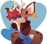 anthro antlers biped blue_eyes bound clothed clothing ear_piercing ear_tag hands_tied horn piercing shy solo topless topless_anthro maddencreatures roland_(spool) deer mammal 2022 absurd_res hi_res