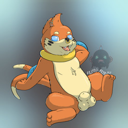 animal_genitalia arm_fin balls blue_eyes dipstick_tail facial_markings facial_piercing fangs fin flotation_sac forked_tail fully_sheathed fur genitals head_markings ladder_piercing leaning leaning_backward looking_at_viewer male markings nose_piercing nose_ring nude nude_male open_mouth orange_body orange_fur piercing rainbow_piercings ring_piercing sheath solo spread_legs spreading tail tail_markings tan_body tan_fur teeth tongue unusual_anatomy unusual_tail whisker_markings pastelpaints nintendo pokemon buizel generation_4_pokemon pokemon_(species) 2026 absurd_res digital_media_(artwork) hi_res