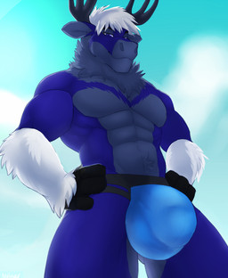 anthro antlers balls_outline big_bulge blue_eyes bulge clothing deer detailed_bulge fur genital_outline hair hi_res horn huge_bulge jockstrap lockhart looking_at_viewer male mammal muscular muscular_anthro muscular_male neck_tuft new_world_deer penis_outline reindeer seibear solo standing tuft underwear white_hair