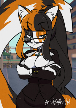 anthro breasts business_suit cleavage clothed clothing crossed_arms eyewear female fur glasses green_eyes grumpy hair mottled multicolored_body multicolored_fur multicolored_hair piebald shamrock solo suit topwear mellyarts melody_(mellybyte) calico_cat domestic_cat felid feline felis mammal hi_res