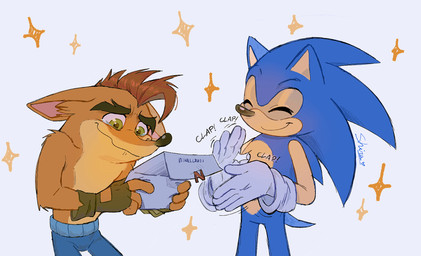 anthro blue_body bottomwear clapping clothing duo eyebrows eyes_closed fingerless_gloves fur gloves green_eyes handwear male orange_body orange_fur pants paper smile sparkles tan_body shira-hedgie activision crash_bandicoot_(series) sega sonic_the_hedgehog_(series) crash_bandicoot sonic_the_hedgehog bandicoot eulipotyphlan hedgehog mammal marsupial 2025 hi_res