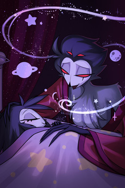 anthro bed bedding blanket clothing curtains curtains_open duo eyes_closed female fur furniture grey_body grey_fur grey_hair hair long_hair looking_down male moon planet red_clothing red_eyes red_robe robe short_hair simple_background singing sleeping smile star white_face rainwoodwood hellaverse helluva_boss octavia_(helluva_boss) stolas_(helluva_boss) avian avian_demon bird demon owl owl_demon 2:3 absurd_res hi_res daughter_(lore) father_(lore) father_and_child_(lore) father_and_daughter_(lore) parent_(lore) parent_and_child_(lore) parent_and_daughter_(lore)