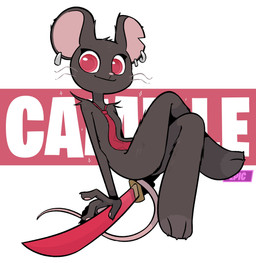 3_toes anthro arm_tuft black_body black_fur breasts claws crooked_whiskers crossed_legs ear_piercing ear_ring featureless_breasts feet female finger_claws fur head_tuft holding_melee_weapon holding_object holding_sword holding_weapon katana leg_tuft looking_at_viewer melee_weapon mostly_nude name_drop necktie necktie_only notched_ear pawpads piercing pink_nose pink_pawpads reclining red_eyes red_necktie ring_piercing shoulder_tuft simple_background sitting small_breasts smile solo sparkles sword text thigh_tuft toe_claws toes tuft weapon white_background theartmanor epic_games fortnite camille_(fortnite) mammal murid murine rat rodent 2023 english_description english_text flat_colors full-length_portrait hi_res portrait