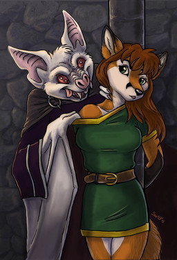 anthro belt brown_hair captured clothed clothing duo fangs female fur green_eyes hair long_hair membrane_(anatomy) membranous_wings off_shoulder realistic_wings red_eyes shirt tail teeth tongue tongue_out topwear tunic white_body white_fur wings caribou_(artist) diana_artemis bat canid canine fox leaf-nosed_bat mammal microbat vampire vampire_bat yangochiropteran 2012