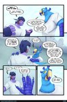 5_fingers anthro biped blue_body bottomwear clothed clothing dialogue dialogue_box duo fingers hair male open_mouth pants purple_body purple_hair shirt speech_bubble text topwear bmbrice supercell_(comic) oz_(supercell) tazho_zhaze avian bird humanoid zeikauko colored comic english_text hi_res url