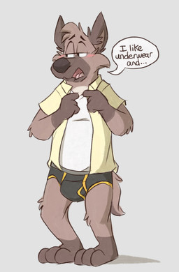 anthro barefoot black_briefs black_clothing black_underwear blush briefs brown_body brown_fur brown_nose bulge clothed clothing colored_seam_briefs colored_seam_underwear confession embarrassed feet fur grey_waistband half-closed_eyes male narrowed_eyes open_clothing open_mouth open_shirt open_topwear shirt shirt_tucked_in shirt_tucked_into_underwear solo speech_bubble t-shirt text tongue_showing toony topwear underwear white_clothing white_shirt white_t-shirt white_topwear white_undershirt yellow_button_down_shirt yellow_seam_briefs mushketeery mushy_(mushketeery) mushy_(mushketeteery) hyena mammal english_text hi_res