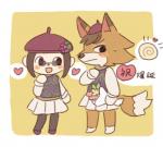 anthro beret blush border bottomwear bouquet clothed clothing crossdressing duo eyewear female fur glasses hair hat headgear headwear heart_symbol male on_model shirt simple_background skirt standing text topwear white_border yellow_background buke3jp animal_crossing nintendo chief_(animal_crossing) villager_(animal_crossing) canid canine canis human mammal wolf japanese_text