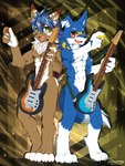 abs anthro athletic athletic_male blue_body blue_fur blue_hair brown_body brown_fur countershading detailed_background duo ear_markings featureless_crotch fur green_eyes guitar guitar_pick hair kemono looking_at_viewer male markings multicolored_body multicolored_ears musical_instrument narrowed_eyes navel nipples nude obliques pattern_background plucked_string_instrument red_eyes side_by_side simple_background string_instrument tied_hair tuft two_tone_body white_body white_countershading white_facial_markings white_fur white_markings yellow_markings akino-kamihara production_taiikukan arcello nox_(noxbluewolf) canid canine lagomorph leporid mammal rabbit absurd_res hi_res