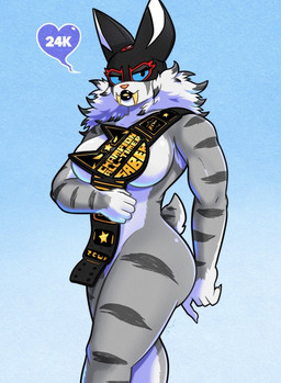 anthro belt black_lips black_lipstick covering female lips lipstick makeup mask nude pose posing_for_picture posing_nude smile smiling_at_viewer solo sports_mask sportswear strong_female wrestling wrestling_mask roboticsteve ring_cats saber_(roboticsteve) felid mammal prehistoric_species saber-toothed_tiger pinup