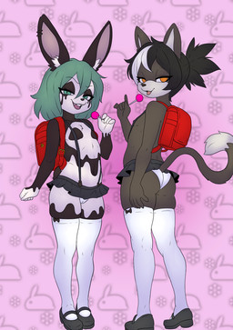 backpack bottomwear breasts candy clothed clothing dessert duo female food footwear hair_between_eyes lollipop looking_at_viewer looking_back mary_janes microskirt miniskirt navel panties piercing randoseru shoes skimpy skirt small_breasts smile standing suspenders tail tongue tongue_out underwear young joykill bea_the_bunny nior_the_cat_(utilizator) felid feline lagomorph leporid mammal rabbit 2026 digital_media_(artwork) hi_res