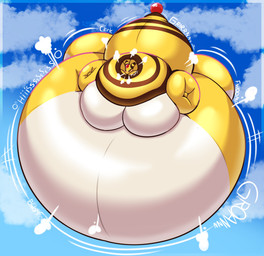air_from_mouth air_inflation anthro belly belly_expansion big_belly big_breasts big_tail black_ears black_sclera black_tail blue_sky blush body_inflation breast_expansion breasts cloud dipstick_tail expansion female floating fwoomp groan groaning_belly huge_belly huge_breasts huge_tail hyper hyper_belly hyper_breasts hyper_inflation hyper_tail immobile inflation markings motion_lines multicolored_body onomatopoeia red_tail_tip sky solo sound_effects striped_ears striped_markings striped_tail stripes sunken_head sunken_limbs swelling tail tail_expansion tail_markings text three-quarter_view two_tone_body white_body white_eyes yellow_body yellow_ears yellow_tail cantielabs nintendo pokemon ampharos generation_2_pokemon pokemon_(species) 2026 colored digital_media_(artwork) hi_res shaded