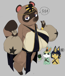 anthro big_breasts biped blonde_hair breasts brown_body clothed clothing crossgender female food fruit green_body group hair huge_breasts male money plant simple_background skimpy smile speech_bubble standing thought_bubble trio white_body yellow_body meckmeck00124 animal_crossing nintendo ankha_(animal_crossing) sasha_(animal_crossing) tom_nook_(animal_crossing) domestic_cat felid feline felis lagomorph leporid mammal procyonid rabbit raccoon hi_res