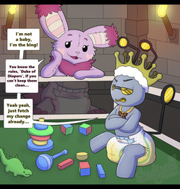 3_toes ambiguous_gender annoyed antennae_(anatomy) anthro black_antennae black_tail block bodily_fluids clothed clothing crossed_arms crown detailed_background dialogue diaper diaper_fetish diaper_only ear_tuft ellipsis eye_contact featureless_feet featureless_hands feet fur genital_fluids grey_body half-closed_eyes hand_on_cheek headgear heart_(marking) heart_symbol jewelry linked_speech_bubble little_kings_(diaper) looking_at_another markings multicolored_body multicolored_fur narrowed_eyes necklace noseless open_mouth open_smile pink_body pink_fur pink_nose playpen plushie purple_body purple_fur purple_tail rattle seam_(sewing) sitting smile solo speech_bubble standing stone_wall tail tan_body tan_fur teasing text toes topless torch toy tuft unclean_diaper urine used_diaper wall_(structure) wearing_diaper wet_diaper wetness_indicator yellow_eyes shadyadi abuniverse little_kings nintendo pokemon king_rocky rosie_the_buneary animate_inanimate buneary generation_4_pokemon generation_9_pokemon gimmighoul gimmighoul_(roaming_form) living_plushie pokemon_(species) 2024 artist_name english_text hi_res letterbox signature
