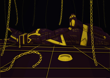 abstract_background anthro arms_tied_behind_back bdsm black_background black_latex body_writing bondage bound bowl chain clothing container degradation degradation_text faceless_character footprint front_view full_body_suit gimp_mask gimp_suit gold_(metal) gold_chain gold_harness harness hood latex latex_clothing latex_hood latex_skinsuit legs_tied male male/male markings mask pawpads pawprint pawprint_(marking) perspective_shot pet_bowl sex_dungeon simple_background skinsuit submissive submissive_anthro submissive_male tally_marks text tight_clothing tile writing_on_back writing_on_butt writing_on_leg yellow_harness yellow_pawpads yellow_text zipper zipper_mouth garbage_art fancy_dawg canid canine canis domestic_dog mammal absurd_res digital_media_(artwork) hi_res krita_(artwork) story story_in_description