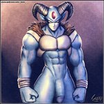 abs blue_body blue_skin genitals horn male muscular muscular_male penis solo text lenn520 dragon_ball dragon_ball_super moro bovid caprine goat humanoid mammal planet_devourer 1:1 url