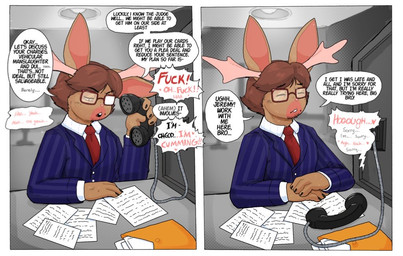 anthro antlers brown_body brown_fur brown_hair buckteeth clothing comic_panel dialogue eyewear facial_hair fur glasses hair horn lawyer male markings mole_(marking) offscreen_character offscreen_sex paperwork phone_call prison submissive suit tattoo teeth text wearing_glasses khrunkisillegal jackalope lagomorph mammal comic english_text