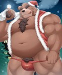 anthro barely_visible_genitalia barely_visible_penis belly brown_body bulge christmas_clothing christmas_headwear clothing detailed_background genitals hat headgear headwear holidays kemono male moobs moon navel night nipples outside overweight overweight_male penis plant pubes santa_hat solo tree underwear nisikemo christmas bear mammal 2023 absurd_res hi_res