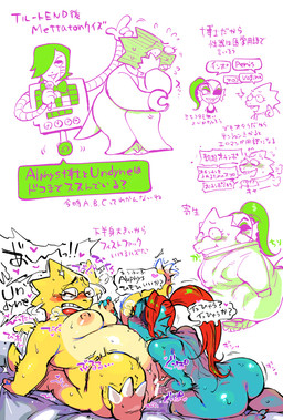anthro belly bite blush bodily_fluids bow_(feature) bow_tie breast_grab breasts butt claws clothing coat dialogue duo electronics embarrassed eye_patch eyewear female female/female fisting genital_fluids genitals glasses glistening grabbing_sheets hair hand_on_breast heart_symbol humanoid_on_anthro kneeling lab_coat machine microphone nipple_fetish nipple_pinch nipple_play nude open_mouth penetration pinch red_hair saliva sex simple_background slightly_chubby speech_bubble text tongue topwear vaginal vaginal_fisting vaginal_fluids vaginal_penetration vulva white_background nam undertale undertale_(series) alphys mettaton mettaton_ex undyne aquatic fish humanoid lizard reptile robot scalie 2016 japanese_text translated