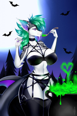 5_fingers anthro big_tail black_body black_bra black_clothing black_legwear black_panties black_underwear bra cauldron clothed clothing countershading cropped_topwear cross curvy_figure cutlery female fingers garter_belt garter_straps green_hair hair heart_symbol hourglass_figure inner_ear_fluff kitchen_utensils legwear lingerie moon multicolored_hair navel night panties plant purple_eyes sky solo spoon tail thigh_highs tools tree tuft underwear nanniras cera_(vulpisshadowpaws) aquatic bat fish mammal shark 2020 hi_res shaded signature