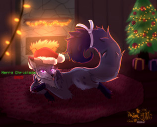 carpet christmas_clothing christmas_headwear christmas_tree clothing female feral fireplace fur fur_markings headgear headwear holidays leg_markings lights looking_at_viewer markings merry_christmas plant purple_body purple_eyes purple_fur socks_(marking) solo text tree astralia christmas astralia_(character) canid canine canis fox hybrid mammal wolf english_text hi_res watermark