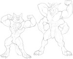 2_horns 4_arms 4_eyes 4_fingers 4_toes 5_toes abs anthro biceps big_biceps big_muscles big_pecs cheek_tuft chin_tuft claws closed_smile crotch_tuft digitigrade duo empty_eyes facial_tuft feet fingers fist flexing flexing_bicep flexing_both_biceps flexing_brachioradialis flexing_flexor_carpi flexing_pec forearm_muscles front_view hand_behind_head happy head_horn head_tuft horn huge_muscles huge_pecs humanoid_hands larger_anthro larger_male looking_aside looking_away looking_up male manly mouth_closed multi_arm multi_eye multi_limb muscular muscular_anthro muscular_arms muscular_male muscular_thighs naturally_censored navel neck_tuft nude_anthro nude_male obliques open_mouth open_smile pecs pose quads serratus simple_background size_difference smaller_anthro smaller_male smile standing tail tail_tuft toes triceps tuft white_background wide_stance bristol canid canine mammal 2022 absurd_res black_and_white full-length_portrait hi_res monochrome portrait