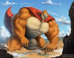 anthro big_bulge big_muscles big_pecs bulge cape clothing cloud desert fur furaffinity_logo giga hair huge_bulge huge_muscles huge_pecs kneeling landscape_dwarfing macro male muscular muscular_anthro muscular_arms muscular_male muscular_thighs orange_body orange_fur outside pecs red_cape red_clothing sky solo twitter_logo underwear water noblewolfa furaffinity twitter daggron canid canine fox mammal digital_media_(artwork)