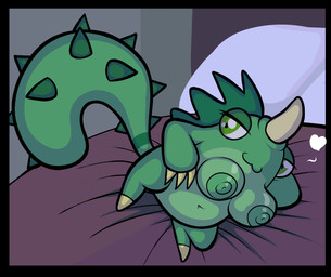 1_horn 1_toe 3_fingers anthro breasts claws female fingers front_view green_body green_eyes green_hair green_nipples hair hand_behind_head horn looking_away nipples pose pupils short_stack smile spiked_tail spikes spikes_(anatomy) tail tan_claws tan_horn toe_claws blackmore comedy_central drawn_together hoochie_(drawn_together) battle_monster monster absurd_res hi_res