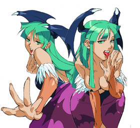 bat_wings bedroom_eyes breasts cleavage clothed clothing faux_embarrasment female finger_fetish finger_lick finger_play fingers green_hair hair head_wings licking membrane_(anatomy) membranous_wings narrowed_eyes seductive solo tongue unusual_wing_placement wings dougeki capcom darkstalkers marvel_vs._capcom morrigan_aensland bat humanoid mammal succubus official_art