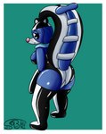 anthro big_butt blue_body butt clothing costume female floppy_ears headgear headwear lingerie looking_at_viewer looking_back pattern_clothing pokemorph raised_tail rear_view simple_background solo striped_clothing stripes tail thick_thighs sexybigears69 nintendo pokemon fizzy_pop_the_popplio generation_7_pokemon pokemon_(species) popplio hi_res