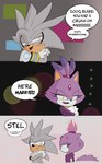 annoyed anthro clothed clothing dialogue duo female fur grey_body grey_fur jewelry male male/female purple_body purple_fur smile speech_bubble tail yellow_eyes fernsstories sega sonic_the_hedgehog_(series) blaze_the_cat silver_the_hedgehog domestic_cat eulipotyphlan felid feline felis hedgehog mammal hi_res