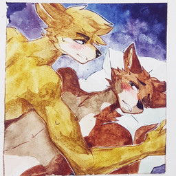 anthro anthro_on_anthro black_nose blonde_hair blush bodily_fluids brown_body brown_ears brown_fur cheek_tuft duo ears_back facial_tuft fur hair male male/male nude pivoted_ears short_hair simple_background sweat tuft unsigned white_body white_fur yellow_body yellow_eyes yellow_fur akatan_art canid mammal 1:1 hi_res traditional_media_(artwork)