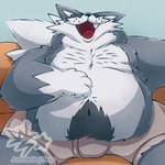 anthro belly_hair body_hair chest_hair chest_tuft clothing double_chin fangs fat_neck fat_rolls fluffy fur furniture grey_body grey_clothing grey_fur hand_on_belly lingerie male navel overweight overweight_male sitting sleeping sofa solo tail teeth tuft white_body white_fur justwatchingthings nix_(justwatchingthings) canid canine canis mammal wolf 1:1 half-length_portrait hi_res portrait