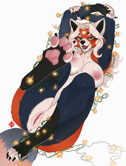 anthro anus black_nose claws female fur garland genitals grey_eyes hair holidays looking_at_viewer lying multicolored_body multicolored_fur nipples on_back open_mouth pawpads paws pink_nipples solo tongue vulva white_hair moirah christmas pepper_(gizmo) ailurid mammal red_panda hi_res