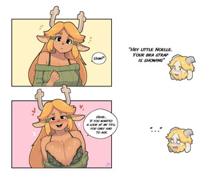 anthro big_breasts biped blonde_hair bra breasts clothed clothing dialogue female front_view green_clothing hair pupils smile speech_bubble text underwear cumbread deltarune undertale_(series) noelle_holiday deer mammal new_world_deer reindeer absurd_res comic english_text hi_res