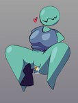 big_breasts bottomless breasts clitoris clothed clothing female genitals green_body heart_symbol object_in_pussy penetration solo teeth topwear topwear_only unsanitary vaginal vaginal_penetration arsinnamon humanoid unknown_species absurd_res hi_res