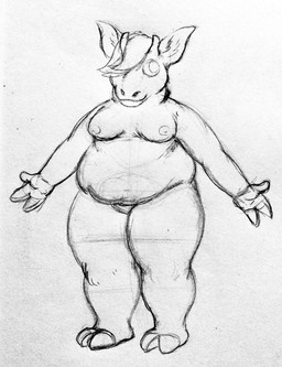 2_horns anthro breasts female fur hair hair_over_eye hooves horn nipples obese obese_anthro obese_female overweight overweight_anthro overweight_female simple_background smile solo standing white_background achromasloth bovid caprine goat mammal 2020 monochrome sketch traditional_media_(artwork)