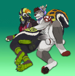 anal anal_penetration anthro anthro_on_anthro anthro_penetrated anthro_penetrating anthro_penetrating_anthro antlers athletic athletic_anthro athletic_male ball_tuft black_body black_fur blush bodily_fluids bottomless bottomless_anthro bottomless_male clothed clothing cum cum_in_ass cum_inside duo ear_piercing ear_ring erection eyebrow_piercing eyewear facial_hair facial_piercing frenum_ladder frenum_piercing fur furgonomic_hat furgonomic_headwear furgonomics genital_fluids genital_piercing genitals glasses goatee green_body green_fur grey_body grey_fur hoodie horn humanoid_genitalia humanoid_penis industrial_piercing ladder_piercing lying male male/male male_anthro male_penetrated male_penetrating male_penetrating_male nude nude_anthro nude_male on_side open_mouth open_smile orange_body orange_fur pawpads penetration penile penile_penetration penis penis_in_ass penis_piercing piercing red_body red_fur ring_piercing sex smile teeth tongue topwear tuft wearing_glasses white_body white_fur homogenousrule kai_(xanderblaze) murdock_(rayliicious) felid feline lynx mammal mephitid sabertooth_feline skunk 2022 hi_res