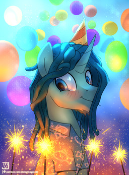 balloon blue_eyes blush clothed clothed_feral clothing dreadlocks feral fur green_body green_fur hat headgear headwear horn inflatable male party_hat shirt smile solo sparkler stubble text topwear jedayskayvoker hasbro my_little_pony mythology fan_character jeday_(character) equid equine mammal mythological_creature mythological_equine unicorn 2020 absurd_res bust_portrait english_text hi_res portrait signature url