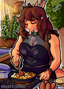 anthro appliance big_breasts biped black_clothing black_dress bracelet breasts brown_hair clothed clothed_anthro clothed_female clothing cooking cookware day dress eyes_closed facial_horn female fingers floral_print food front_view frying_pan hair happy horn houseplant humanoid_hands inside jewelry kitchen kitchen_utensils long_hair non-mammal_breasts orange_body outline singing solo stove tan_body text tools white_outline bass1l1ssc0 cavemanon_studios goodbye_volcano_high ko_op_(game_developer) snoot_game rosa_(gvh) aquilops ceratopsian dinosaur marginocephalian ornithischian prehistoric_species reptile scalie artist_name colored hi_res shaded signature