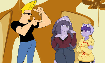 3_horns 5_fingers abstract_background anthro arms_crossed_under_breasts big_breasts black_bottomwear black_bra black_clothing black_pants black_shirt black_sweatpants black_t-shirt black_topwear black_underwear blonde_hair blush bottomwear bra breasts cleavage clothed clothing collared_shirt cross-popping_vein crossed_arms curvy_figure denim denim_bottomwear denim_clothing dress_shirt eye_bags eyelashes eyewear facial_horn female fingers frill_(anatomy) glistening glistening_body glistening_breasts glistening_scales group hair head_crest head_frill hoodie horn jeans lidded_eyes light-skinned_male light_body light_skin long_eyelashes long_hair long_sleeve_shirt long_tail male mature_anthro mature_female multi_horn nose_horn pants purple_body purple_eyes purple_hair purple_scales red_clothing red_shirt red_topwear scales shirt short_hair smile snout sunglasses sweatpants t-shirt tail tear_trough text thick_thighs topwear trio underwear voluptuous voluptuous_anthro voluptuous_female wide_hipped_anthro wide_hipped_female wide_hips yellow_clothing yellow_hoodie yellow_topwear egger_(artist) cartoon_network cavemanon_studios goodbye_volcano_high johnny_bravo_(series) ko_op_(game_developer) snoot_game johnny_bravo trish's_mom_(snoot_game) trish_(gvh) ceratopsian ceratopsid chasmosaurine dinosaur human mammal marginocephalian ornithischian prehistoric_species reptile scalie triceratops 2026 5:3 artist_name crossover digital_drawing_(artwork) digital_media_(artwork) hi_res watermark daughter_(lore) mother_(lore) mother_and_child_(lore) mother_and_daughter_(lore) parent_(lore) parent_and_child_(lore) parent_and_daughter_(lore)
