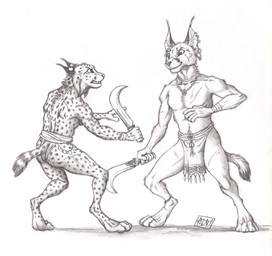 4_toes 5_fingers anklet anthro belt bottomwear bracelet clenched_teeth clothing digitigrade duel duo ear_piercing ear_ring ear_tuft ears_back ears_up feet fingers fur holding_melee_weapon holding_object holding_sword holding_weapon imminent_violence jewelry loincloth looking_at_another looking_down looking_down_at_another looking_forward looking_up_at_another male markings melee_weapon necklace piercing pivoted_ears ring_piercing scar shadow simple_background spots spotted_body spotted_fur spotted_markings spotted_tail striped_markings striped_tail stripes sword tail tail_markings teeth text toes tuft weapon white_background wraps wrist_wraps 0laffson caracal caracal_(genus) cheetah felid feline mammal 2019 english_text graphite_(artwork) hi_res signature traditional_media_(artwork)