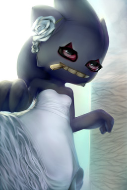 accessory body_zipper bride clothing dress female flower flower_in_hair hair hair_accessory not_furry plant red_eyes smile solo standing wedding_dress zipper zipper_mouth plantpenetrator nintendo pokemon banette generation_3_pokemon ghost humanoid pokemon_(species) spirit 2:3 digital_media_(artwork) hi_res