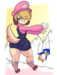 absurd_res adolescent anthro avian bird blackmore blonde_hair canid canine canis cliff clothed clothed_anthro clothed_male clothing daughter_(lore) domestic_dog female femboy footwear fur gloves hair handwear hat headgear headwear hi_res humor legwear looking_back male mammal mario_bros meme mountain niko_(pkfirefawx) nintendo overalls pattern_clothing pattern_footwear pattern_legwear pattern_socks penguin pkfirefawx snow socks solo striped_clothing striped_footwear striped_legwear striped_socks stripes thick_thighs tuxie_(mario) yellow_body yellow_fur young
