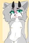 anthro female flat_chested fur genitals grey_body grey_fur grey_nipples horn nipple_piercing nipples piercing solo tongue tongue_out brie_offline toshi_(forrest18) felid mammal hi_res