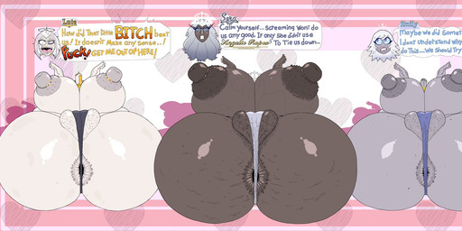 abstract_background anthro bdsm big_nipples bondage bound dark_body dark_skin female genitals grey_body grey_skin group hairy_vulva halo huge_nipples nipples pubes pussy_floss speech_bubble text trio vulva white_body white_skin varix_9 hazbin_hotel hellaverse emily_(hazbin_hotel) lute_(hazbin_hotel) sera_(hazbin_hotel) angel english_text hi_res