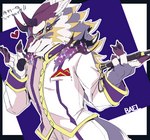 4_fingers anthro clothed clothing costume eyewear fingers fur glasses horn looking_at_viewer male multicolored_body multicolored_fur purple_body purple_clothing purple_fur solo white_body white_clothing white_fur izm_rm7 lifewonders tokyo_afterschool_summoners bael_(tas) canid canine canis demon jackal mammal hi_res