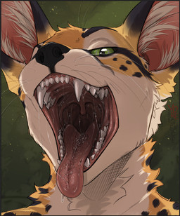 ambiguous_anthro ambiguous_gender anthro barbed_tongue black_body black_fur bodily_fluids detailed_mouth drooling fangs fur green_background green_eyes looking_at_viewer markings mouth_shot multicolored_body multicolored_fur open_mouth orange_body orange_fur saliva saliva_on_tongue saliva_string simple_background solo spots spotted_body spotted_fur tan_body tan_fur teeth tongue tongue_out uvula whiskers voregence felid feline mammal serval 2025 headshot_portrait portrait male_(lore)
