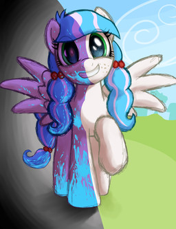 blacklight blood blue_blood blue_hair bodily_fluids colored_blood eye_through_hair female feral freckles green_eyes grin hair looking_at_viewer outside pigtails sketchy smile solo splatter translucent translucent_hair unusual_blood unusual_bodily_fluids wings badday_(artist) hasbro my_little_pony mythology equid equine mammal mythological_creature mythological_equine pegasus hi_res