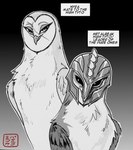 armor black_eyes duo feathers female feral headgear headgear_only helmet helmet_only male mask scar text white_body white_feathers kabuki-aku guardians_of_ga'hoole kludd metal_beak nyra_(gogh) avian barn_owl bird owl tyto tytonid english_text hi_res monochrome